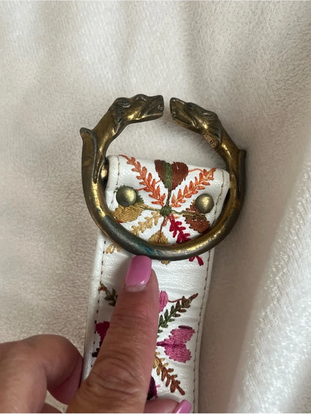 Vintage 70's Bechelli Embroidered Belt Tiger Head Brass Buckle Ivory Floral Boho